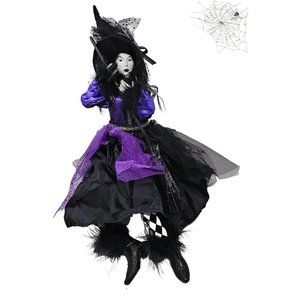 Halloween Witch 24" Black and Purple with Black Broom Party Decor Wreath Center